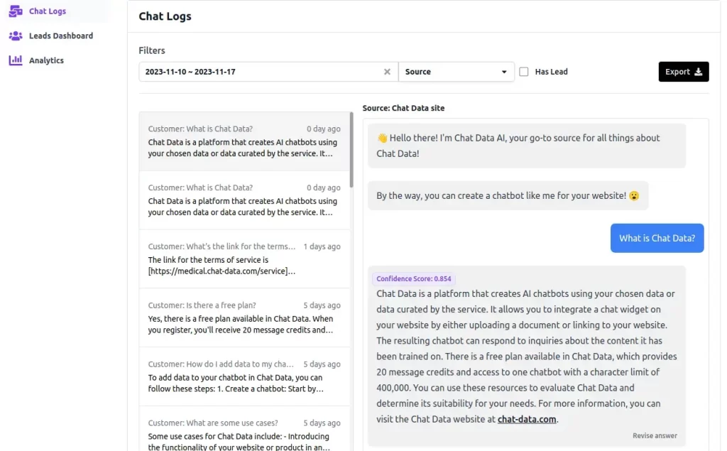 Chat Data screenshot